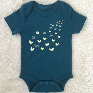 New One piece organic baby bodysuit Blue Green with Pale Yellow Hearts